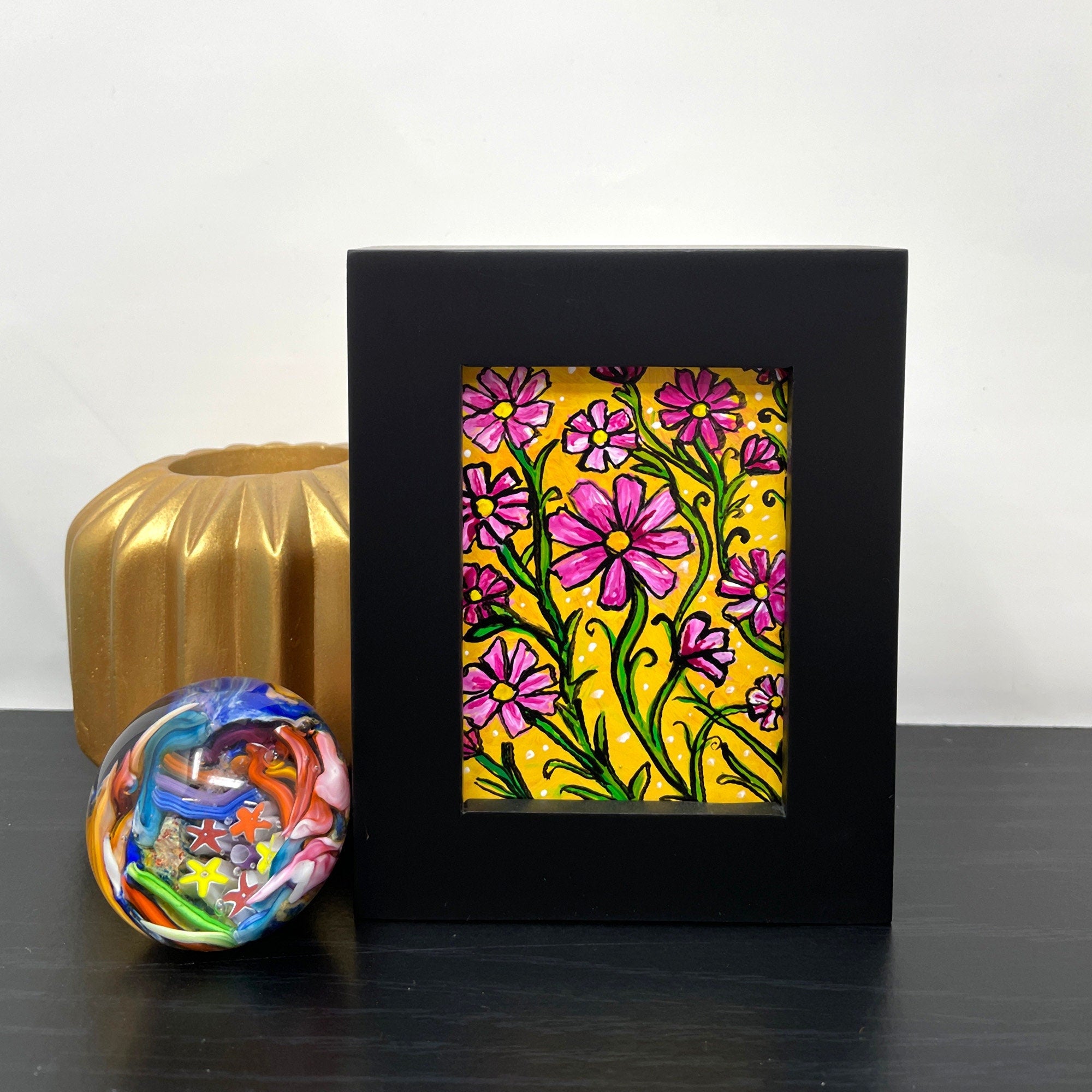 Cosmos Flower Painting - Small Floral Art in Frame - Pink Flowers On Yellow Ochre - Framed Mini Painting by Claudine Intner