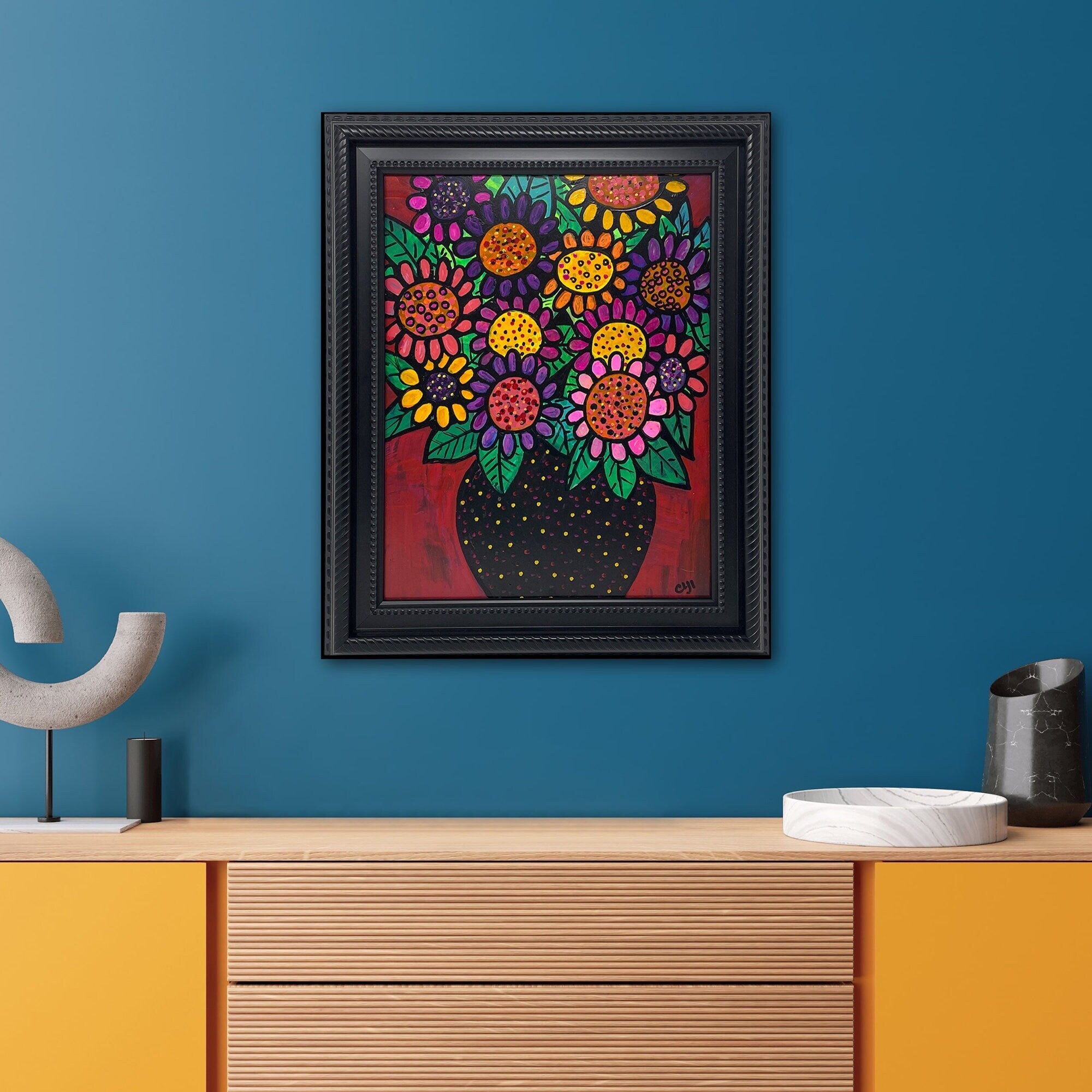 Whimsical Abstract Flower Painting - Original Contemporary Art - Colorful Floral Still Life in Red, Yellow, Purple, Orange, Green, Black