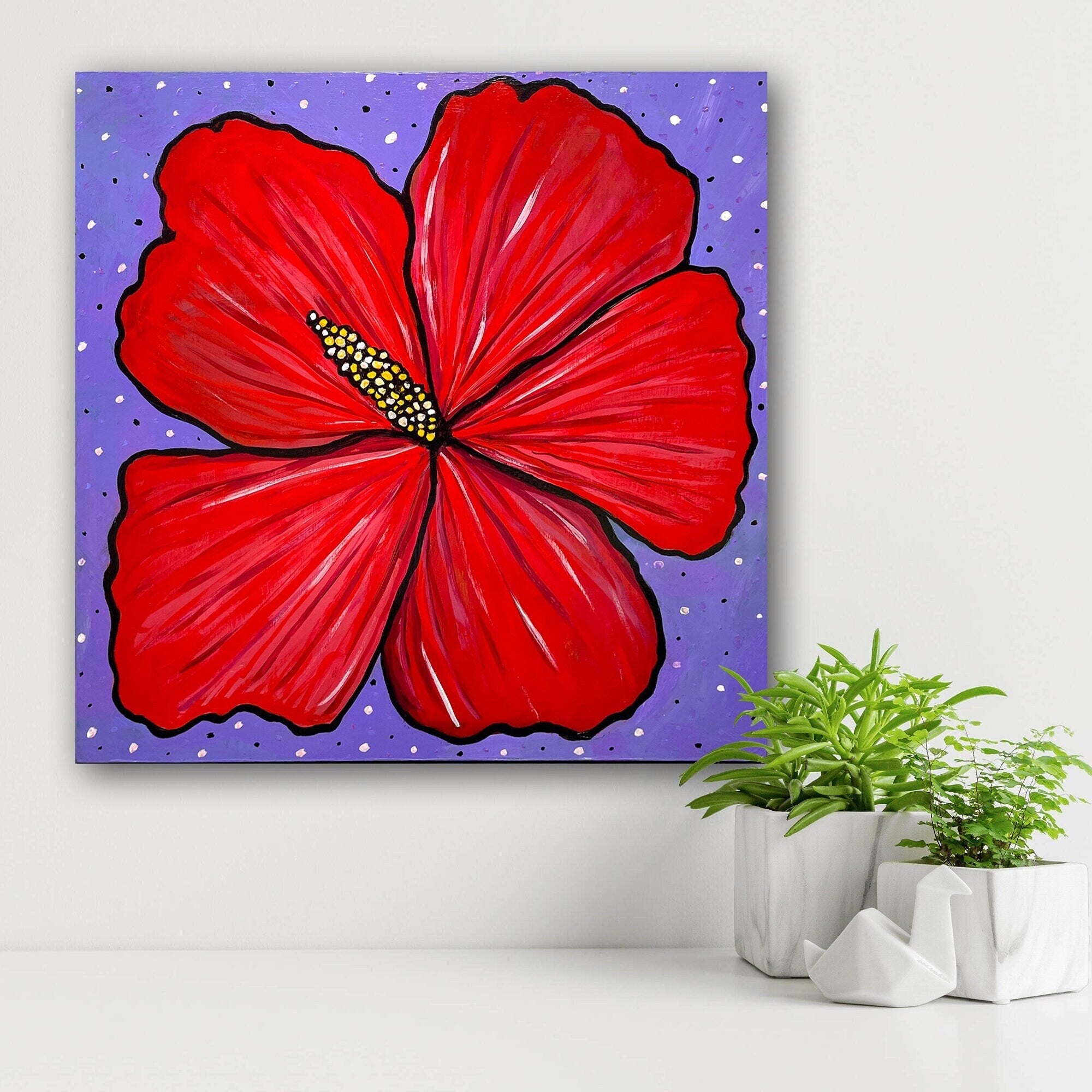 Red Hibiscus Flower Painting - Original Square Floral Art - Red, Purple, and Yellow - 12 x 12 inches