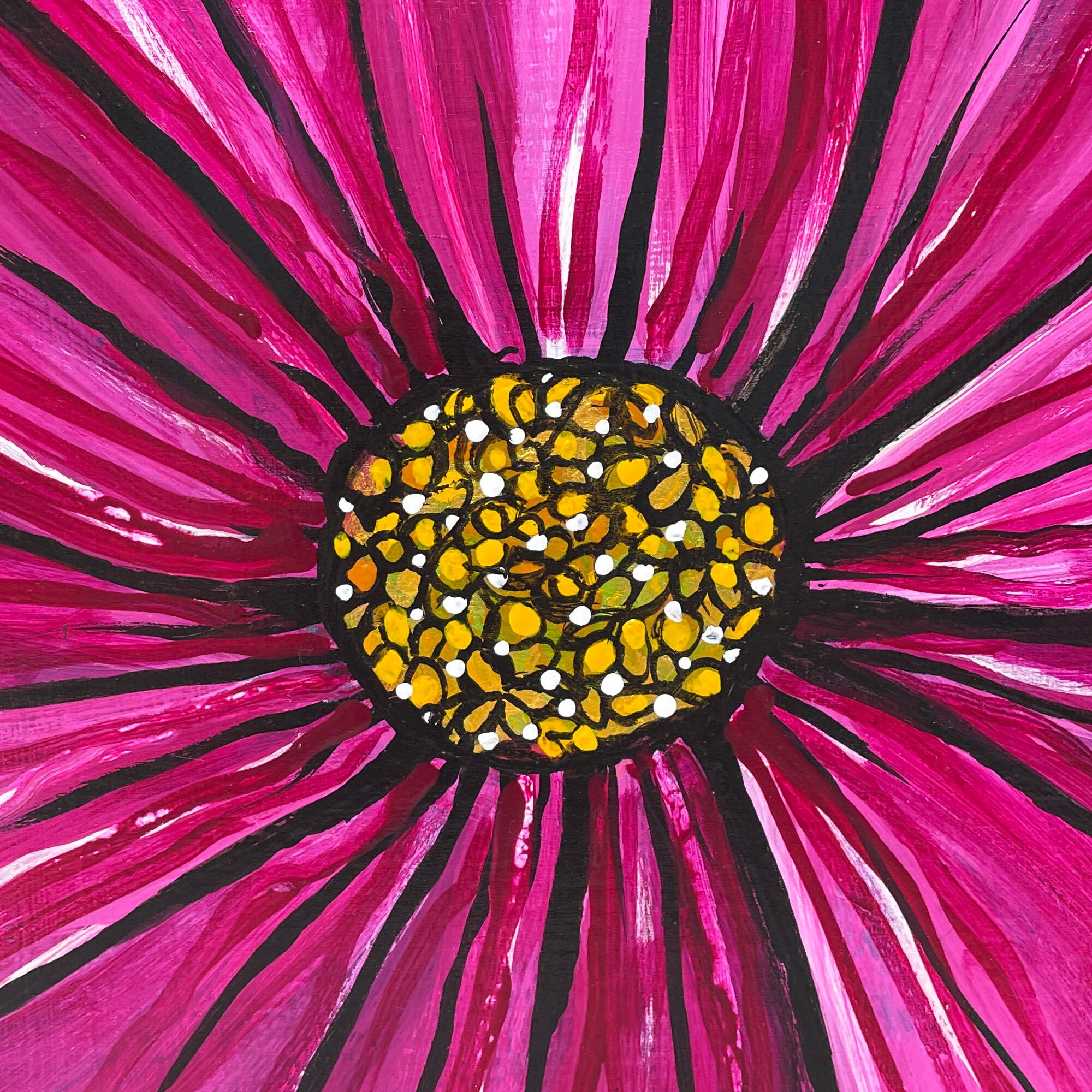 Zinnia Painting - Square Flower Painting - Original Floral Art - Magenta, Yellow, Blue - 12x12 inches