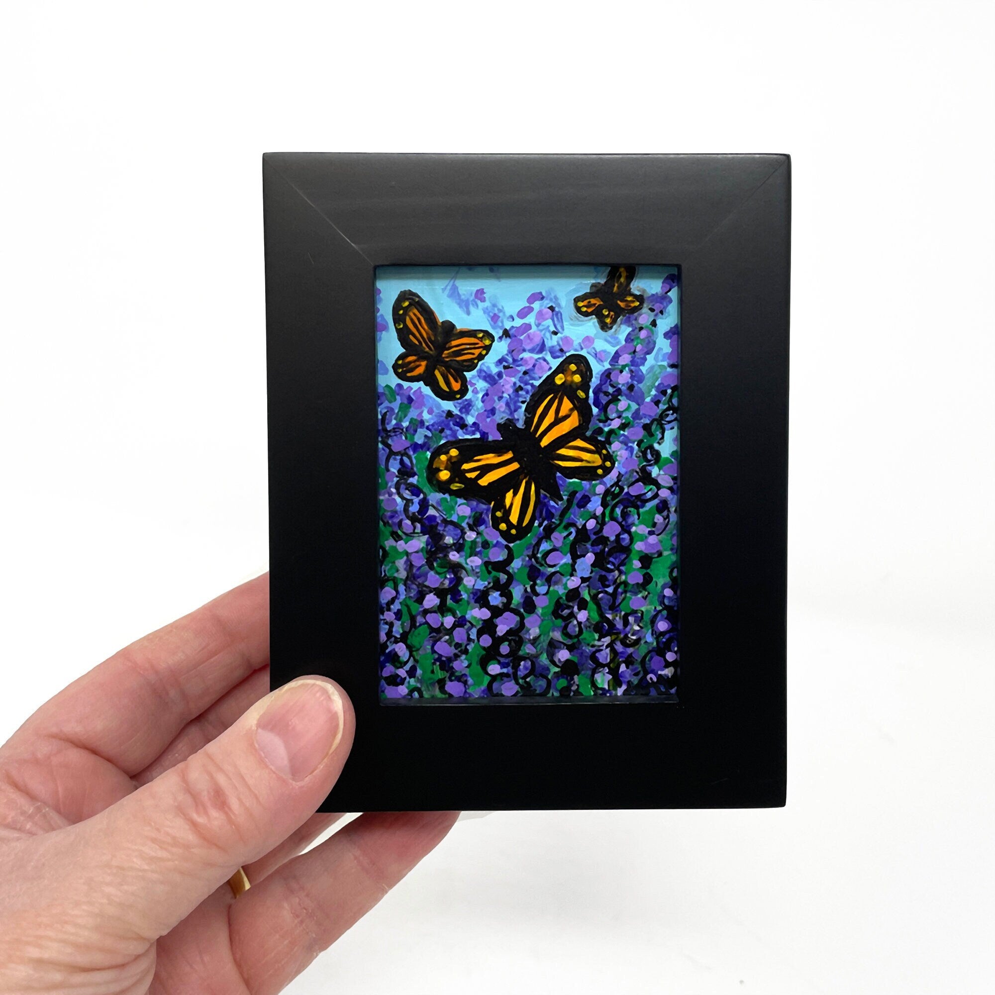 Small Monarch Butterfly Painting - Monarch Butterflies on Lavender - Framed Mini Art for Desk, Shelf, or Wall - Insect, Bug, Flower Art