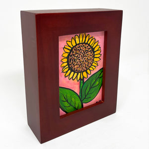 Side view of Sunflower Dqy painting in wood frame