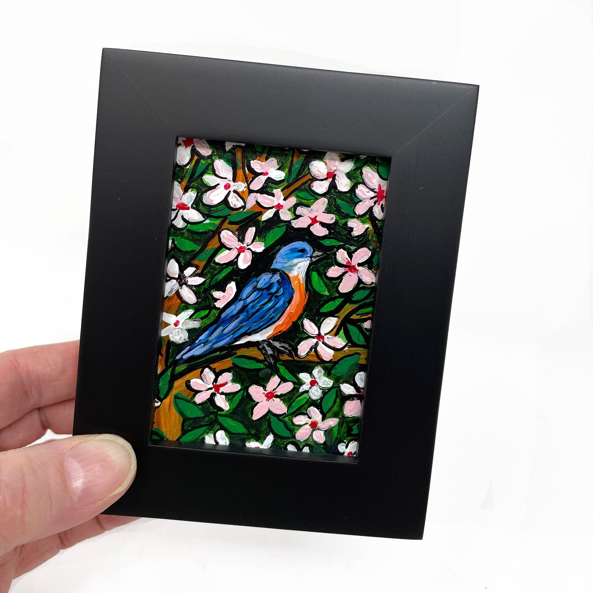 Small Bluebird Painting - Eastern Blue Bird with Cherry Blossoms - Framed Mini Bird Art for Your Desk, Shelf, Wall - Animal, Bird Lover Gift