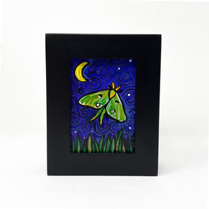 Framed Luna Moth Art - Original Mini Painting in Frame - LunaMoth - American Moon Moth with Crescent Moon and Night Sky - Bug, Insect