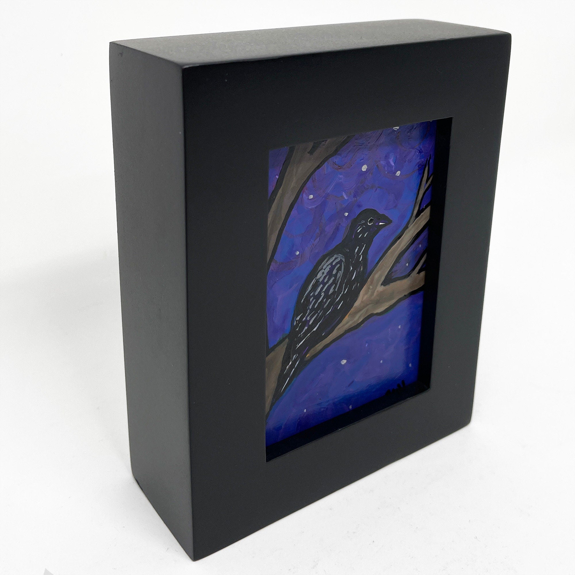 Small Raven Painting - Mini Framed Raven Art - Original Bird Artwork - Night Scene - Bird Lover Gift