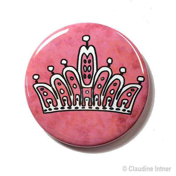 Princess Tiara or Queen Crown Magnet, Pin Back Button, or Pocket Mirror
