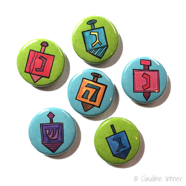Hanukkah Dreidel Magnet or Pinback Button Set