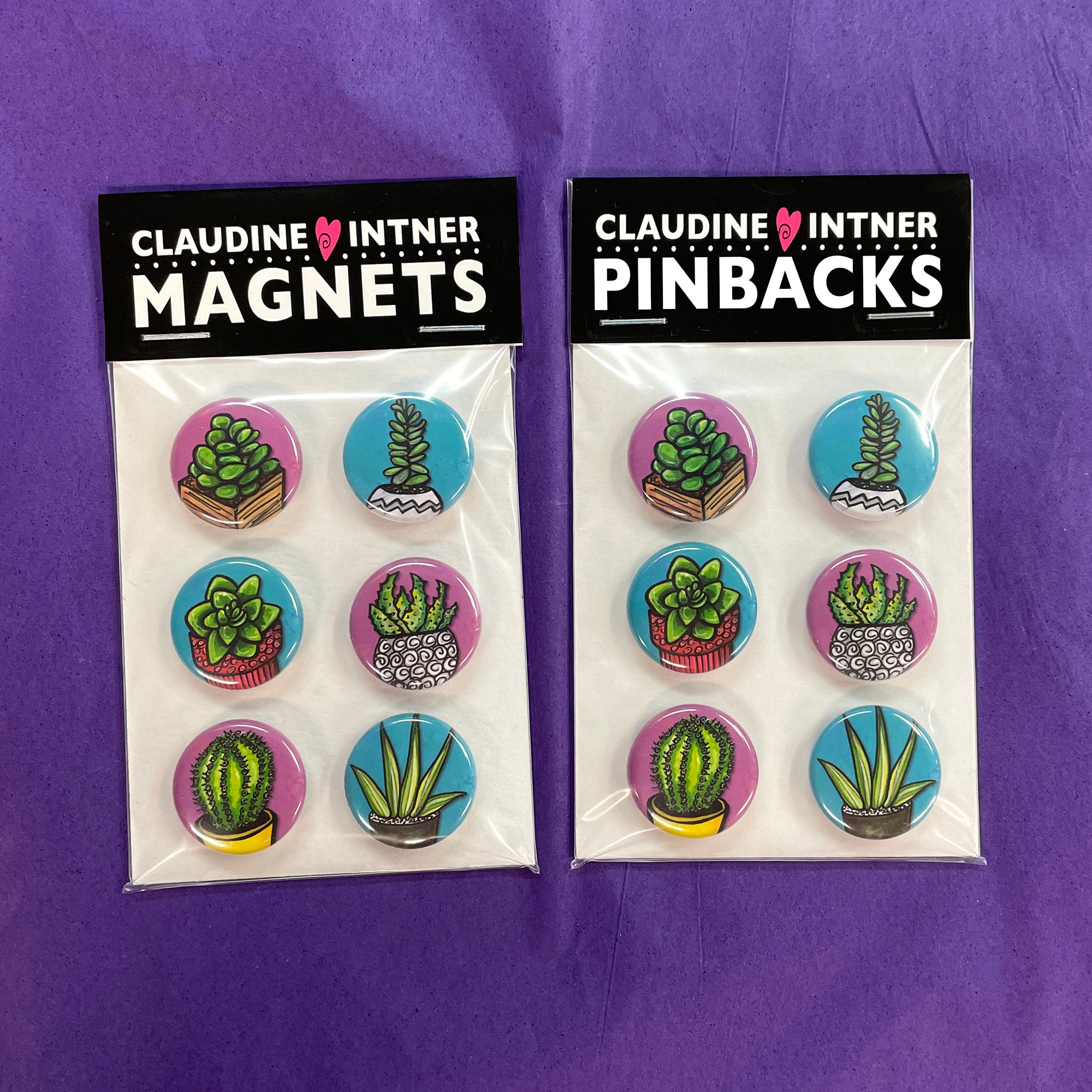 Succulent Plant Pin Back Badge or Fridge Magnet Set